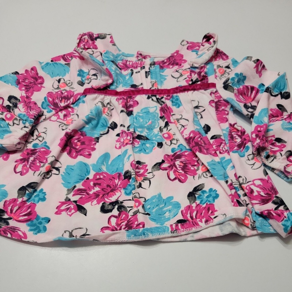 Crown Ivy Shirt Girls 12 Month Long Sleeve Pink Blue Cotton Floral Ruffle Blouse